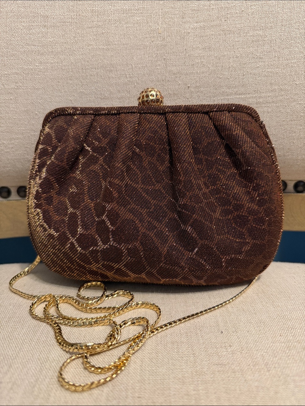 Vintage Brown Metallic Cheetah Print Shoulder Bag/Clutch with Gold Chain